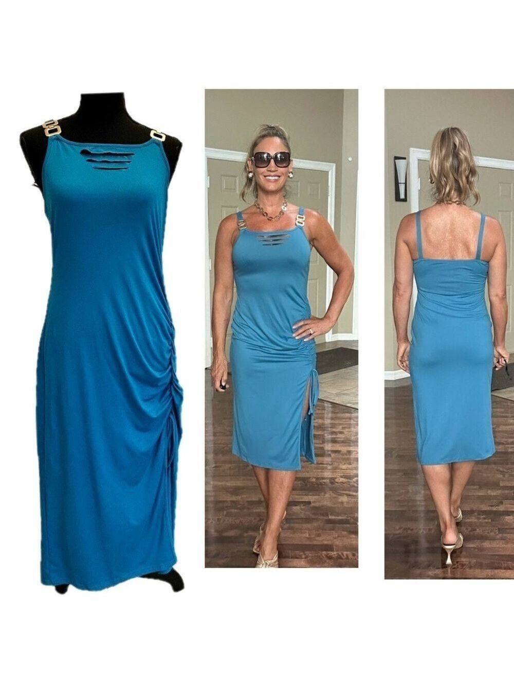 Forever 21 blue sleeveless cut-out hardware strap drawstring slit midi dress L